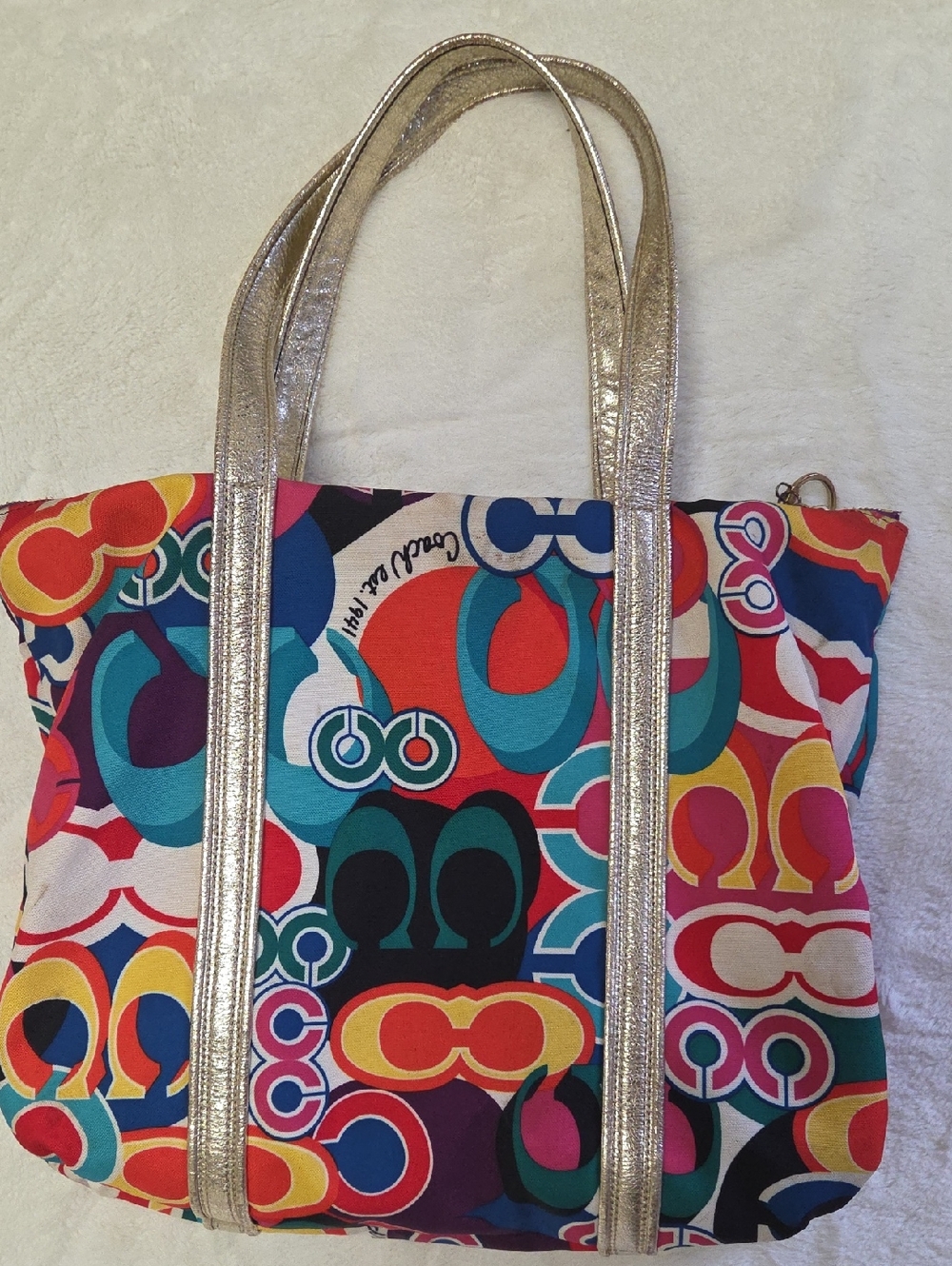 Coach Multicolor Signature Tote Bag with Gold Trim - Picture 4 of 7